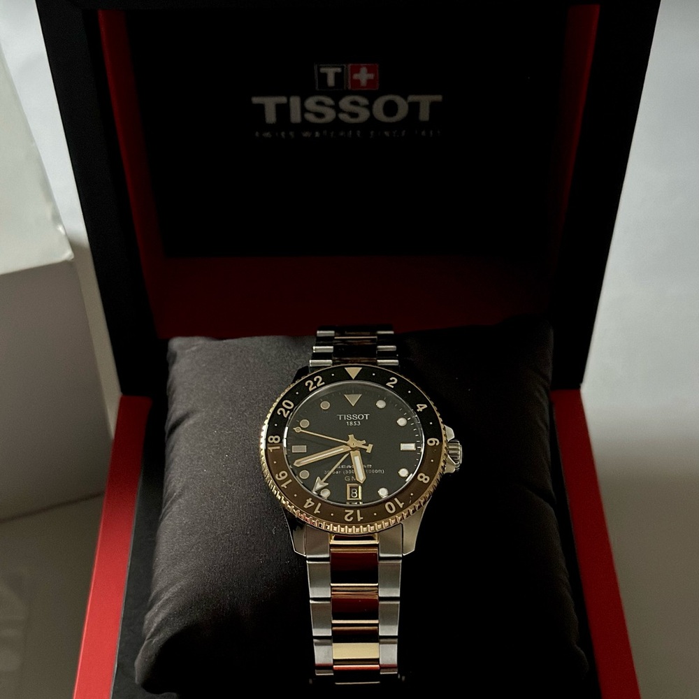 Tissot Black and Gold Watch with Two-Tone Band - Picture 2 of 2